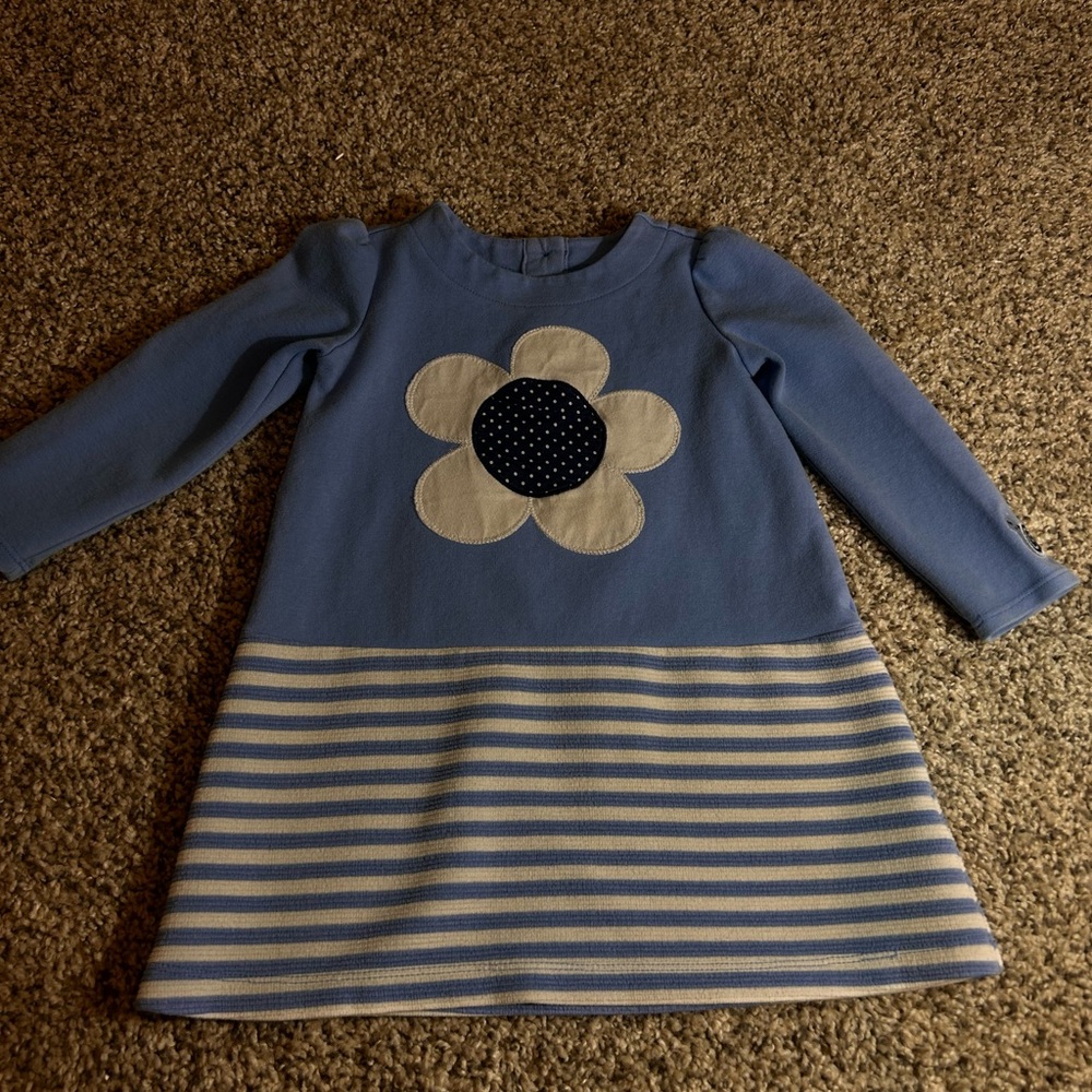 Blue Striped Kids Dress with Flower Design